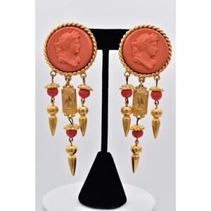 Yosca Vintage Cameo Dangle Clip On Earrings Coral Bead Brushed Gold Signed BinBF